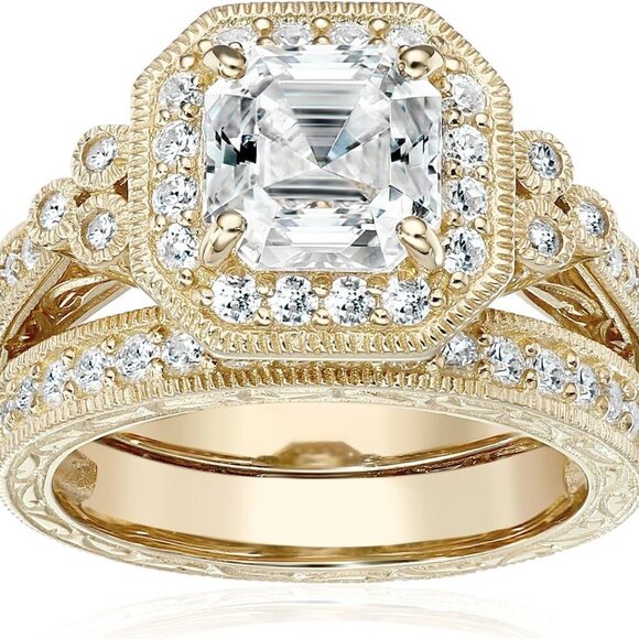 Sterling Silver Gold Plated Ring Set Asscher Cut Cubic Zirconia Women Jewelry